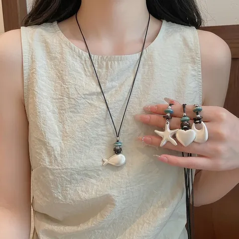 Korean Style Silver Tone Star Fish Heart Pendant Necklace Alloy Ceramic Beads Niche Design Long Sweater Chain For Women