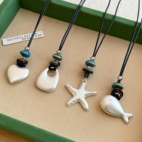Korean Style Silver Tone Star Fish Heart Pendant Necklace Alloy Ceramic Beads Niche Design Long Sweater Chain For Women