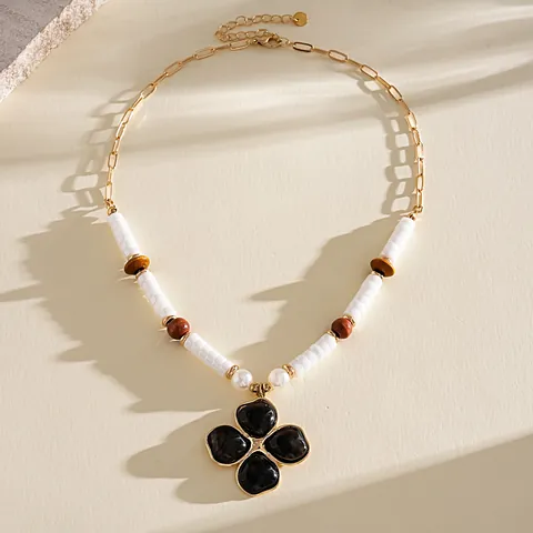 Collana con Pendente a Fiore in Lega Resina Perline di Legno Perla Artificiale Retrò per Donna Gioielli con Perline in Stile Europeo