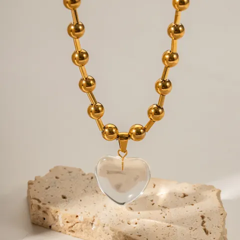 Collar con Colgante de Corazón de Acero Inoxidable Chapado en Oro de 18K para Mujer Elegante Cadena de Bolas de Cristal de Vidrio Joyería de Moda INS