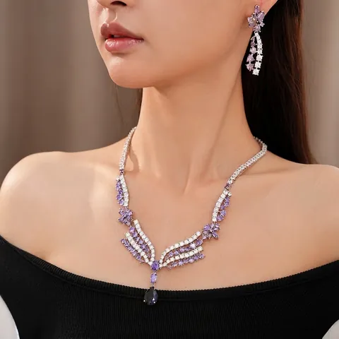 Luxus Kupfer Zirkonia Blume Wassertropfen Anhänger Ohrringe Halskette Damen Elegant Gilded Years Schmuck Für Hochzeit Jahrestag Party