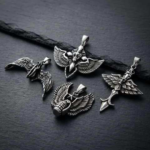 Colgante de Alas de Ángel Caído Gótico Punk Acero Inoxidable Calavera Espada de Cruz Colgante de Collar para Hombre Joyería Vintage