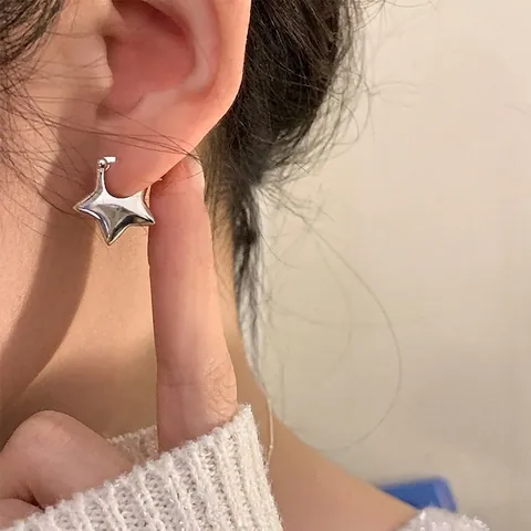 Puffed Pentagram Star Hoop Earrings Simple Geometric Copper Jewelry Minimalist Polished Finish Accessory For Women