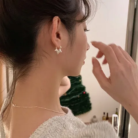 Puffed Pentagram Star Hoop Earrings Simple Geometric Copper Jewelry Minimalist Polished Finish Accessory For Women