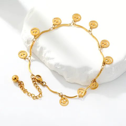 Stainless Steel Anklet For Women Gold Plated Hollow Smiley Face Star Pendant Wavy Bamboo Link Chain Adjustable Foot Jewelry