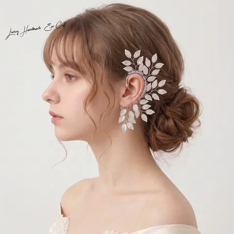 Orecchino a Gancio con Foglia Vintage Fatto a Mano in Filo di Rame per Donna Gioielli per Matrimonio Sposa Festa Perla Artificiale Strass