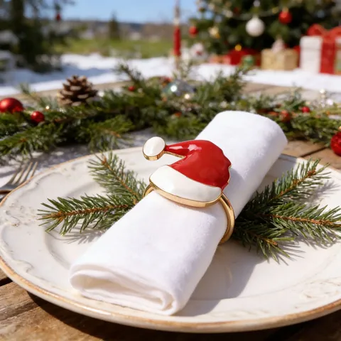 Weihnachtsmütze Serviettenring Zinklegierung Emaille Vergoldet Festliche Tischdekoration Für Weihnachtsfeier Heimessen Dekor