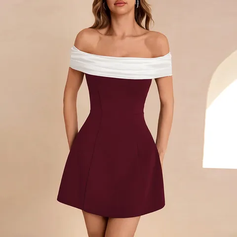 Off The Shoulder Color Block Mini Dress Satin Stitching Slim Fit Sexy Party For Women