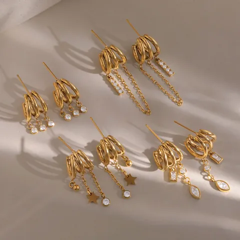 18K Gold Plated Stainless Steel Zirconia Three-Layer Hollow C-Shape Tassel Drop Earrings For Women Fashion Jewelry Gift