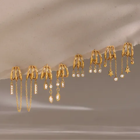 18K Gold Plated Stainless Steel Zirconia Three-Layer Hollow C-Shape Tassel Drop Earrings For Women Fashion Jewelry Gift