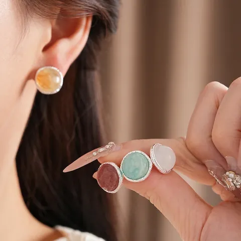Geometric Round Colorful Stone Stud Earrings With 925 Sterling Silver Post Fashion Agate Copper Jewelry For Women