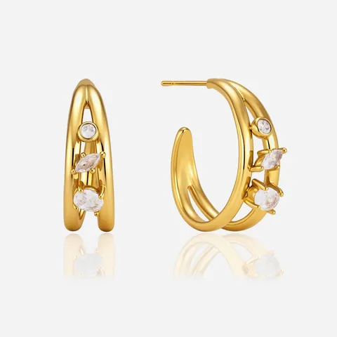 Stainless Steel C-Shaped Stud Earrings Gold Plated Geometric Rhinestone Earrings For Women Light Luxury High-End Jewelry Gift