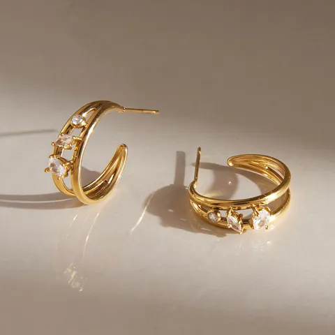 Stainless Steel C-Shaped Stud Earrings Gold Plated Geometric Rhinestone Earrings For Women Light Luxury High-End Jewelry Gift