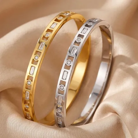 Women Stainless Steel Clover Nail Bangle Luxury Geometric Inlaid Cubic Zirconia Bracelet Gold Steel Color Electroplated Fashion Jewelry Gift