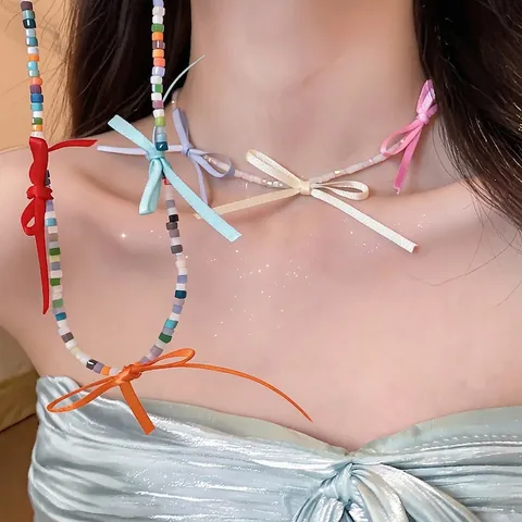 Summer Dopamine Style Colorful Beaded Bowknot Choker Necklace For Women Sweet Satin Ribbon Bow Glass Bead Chain Necklace Handmade Fashion Jewelry