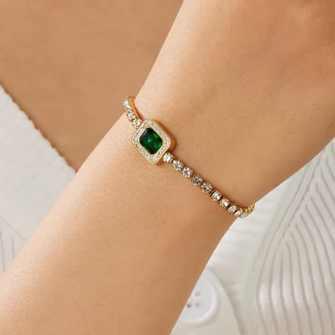 Vintage Roestvrij Staal 18K Vergulde Armband Voor Vrouwen Vierkant Donkergroen Strass Volledig Ingelegd Met Diamanten Tennisketting Armband