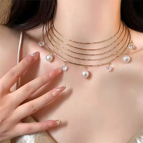 Multi-layer Round Artificial Pearl Choker Necklace For Women Copper Metal Layered Chain With Glass Beads Fashion Jewelry