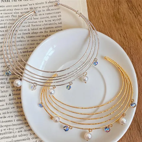 Multi-layer Round Artificial Pearl Choker Necklace For Women Copper Metal Layered Chain With Glass Beads Fashion Jewelry