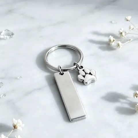 Porte-clés en Acier Inoxydable Barre Vierge Gravable Pendentif Patte de Chien Étiquette d'Identité pour Animaux Poli Miroir Anneau en Métal