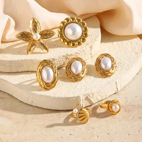Stainless Steel Flower Ring Artificial Pearl Stud Earrings For Women 18K Gold Plated Frangipani Shell Rhinestone Jewelry