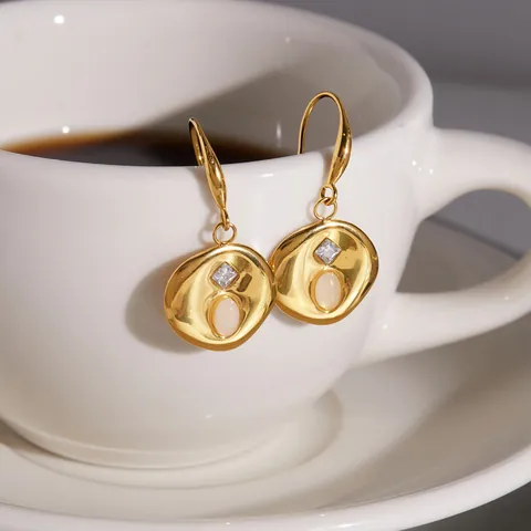 Vintage Roestvrijstalen Hangende Oorbellen Met Natuursteen Vierkante Zirconia Onregelmatig Gehamerd Metaal Vergulde Oorbellen Dames Sieraden