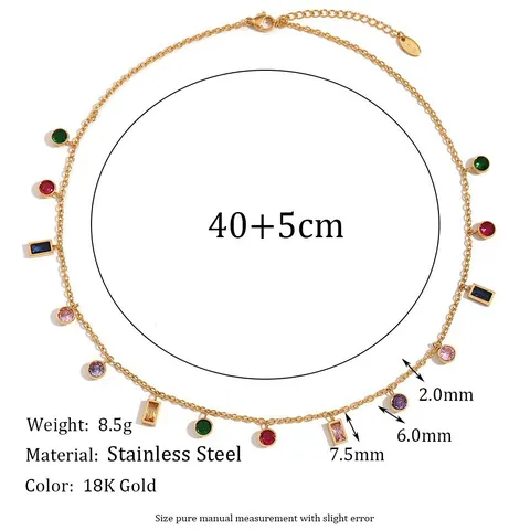 Fashion 18K Gold Plated Stainless Steel Geometric Colorful Zirconia Necklace Round Rectangular Pendant For Women Jewelry Gift