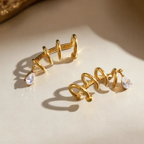 Stainless Steel Spiral Multi Layer Nail Ear Clips Non Pierced Gold Plated Pear Cut White Zirconia Dangle Ear Cuff For Women
