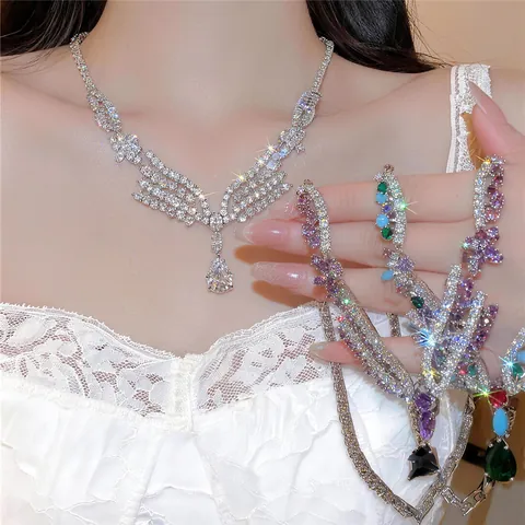 Luxury Water Drop Zirconia Pendant Necklace Earrings Jewelry Set Elegant Copper Inlaid Zirconia Wing Accessories For Women