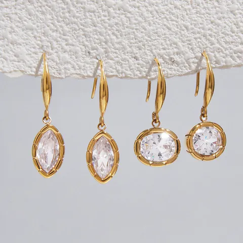 Élégantes Boucles d'Oreilles Crochet en Acier Inoxydable avec Zirconia pour Femmes Plaqué Or Rondes Marquise Bijoux de Luxe