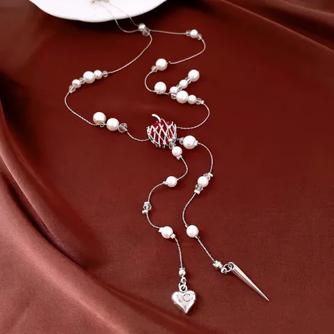 Fashion Artificial Pearl Beaded Zirconia Resin Apple Tassel Pendant Necklace Heart And Cone Charms Long Chain Jewelry For Women