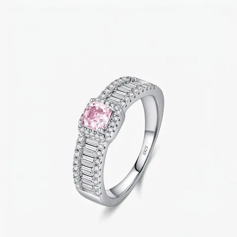 Anillo de Moissanita de Plata de Ley 925 de Lujo Para Mujer Rosa Claro Corte Asscher Piedras Laterales Baguette Certificado GRA Joyería