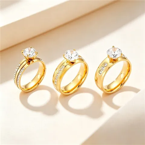 Bague en Acier Titane et Zirconia pour Femme Plaqué Or Quatre Griffes Ronde Solitaire Bague de Fiançailles Mode Bijoux Cadeau