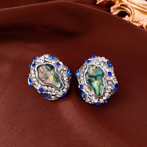 Vintage Oval Ohrstecker mit Muschel Einlage Blau Weiß Strass Legierung Silber Ohrringpfosten für Damen Schmuck