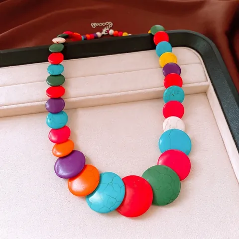 Statement Bohemian Stone Beaded Necklace Large Round Geometric Marble Pattern Collar Choker For Women Fashion Jewelry Neckwear