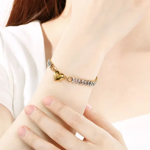 Bracciale Tennis con Fibbia Magnetica a Cuore in Acciaio Inossidabile Placcato Oro Argento Strass Bracciale per Uomo Donna Gioielli Moda