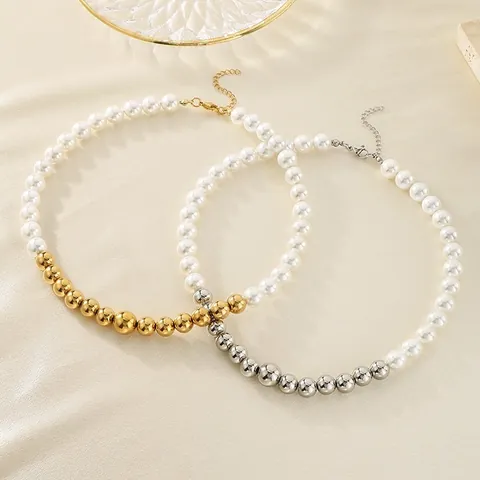 French Light Luxury Artificial Pearl Stainless Steel Metal Bead Patchwork Necklace Adjustable Choker For Women Jewelry