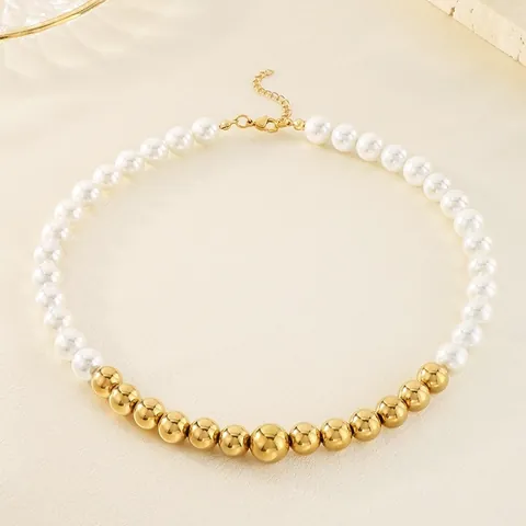 French Light Luxury Artificial Pearl Stainless Steel Metal Bead Patchwork Necklace Adjustable Choker For Women Jewelry