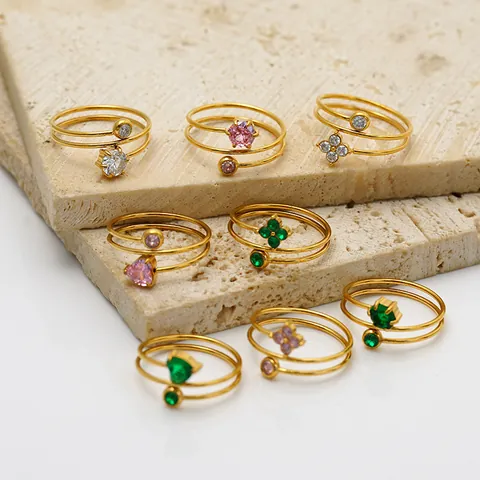 18K Gold Plated 304 Stainless Steel Zirconia Ring For Women Three-Layer Winding Clover Heart Open Adjustable Finger Ring
