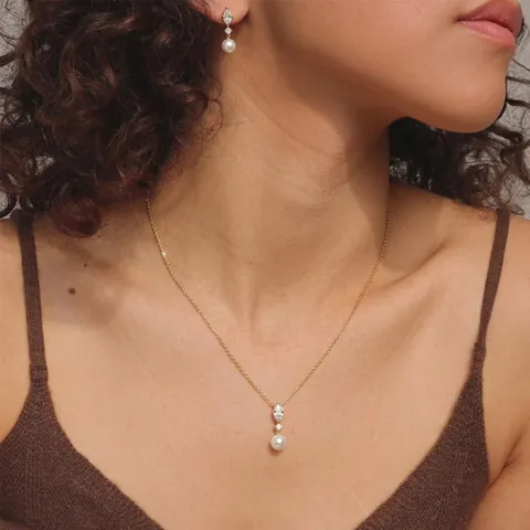18K Vergoldeter Edelstahl Schmuck Marquise Zirkonia Künstliche Perle Anhänger Halskette Ohrstecker Damen Designer Schmuck