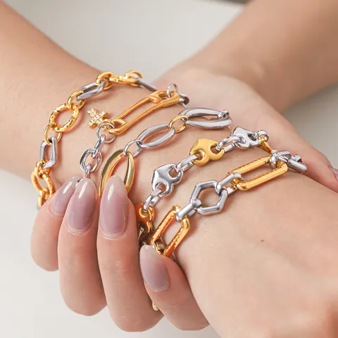 European Ins Style Stainless Steel Bicolor Bracelet For Women Gold Silver Geometric Link Chain Heart Cross Pendant Jewelry