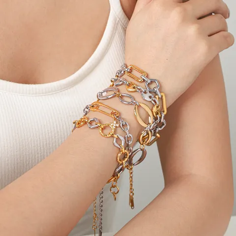 European Ins Style Stainless Steel Bicolor Bracelet For Women Gold Silver Geometric Link Chain Heart Cross Pendant Jewelry