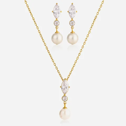 18K Vergoldeter Edelstahl Schmuck Marquise Zirkonia Künstliche Perle Anhänger Halskette Ohrstecker Damen Designer Schmuck