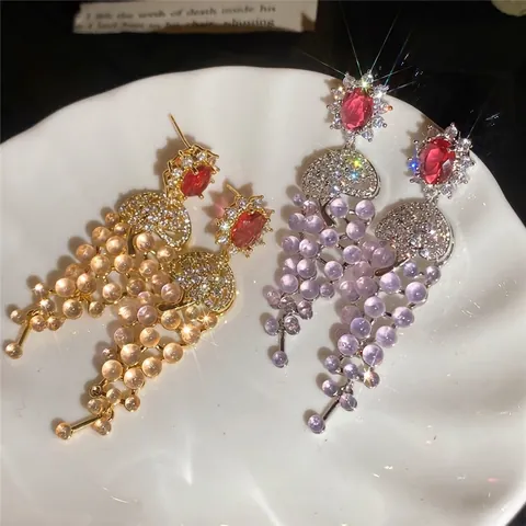 18K Gold Plated Copper Zirconia Tassel Earrings For Women Light Luxury Vintage Grape Cluster Dangle Earrings With 925 Sterling Silver Earring Post