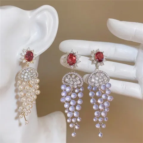 18K Gold Plated Copper Zirconia Tassel Earrings For Women Light Luxury Vintage Grape Cluster Dangle Earrings With 925 Sterling Silver Earring Post