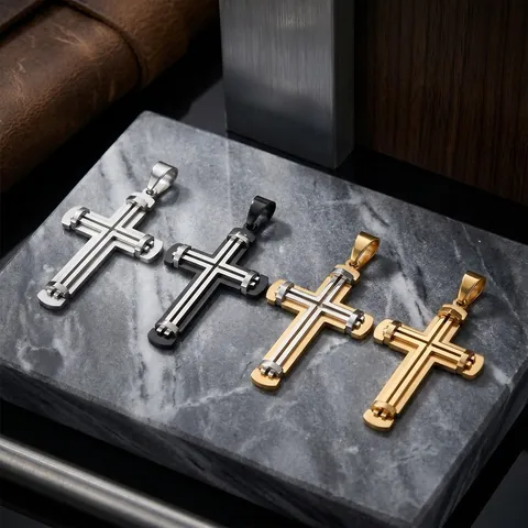 Hip Hop Retro Rock Double Layer Rivet Splicing Cross Pendant Men Color Block Stainless Steel Cross Necklace Pendant Fashion Jewelry