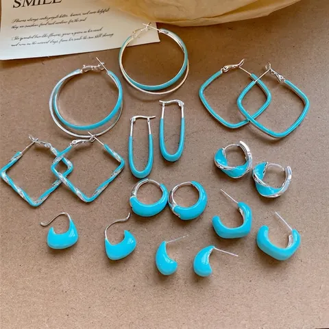 Boucles d'Oreilles Créoles en Cuivre Email Bleu Tiffany Avec Tige en Argent Sterling 925 Luxe Léger Boucles d'Oreilles Géométriques Losange Torsadées Cadeau Femme