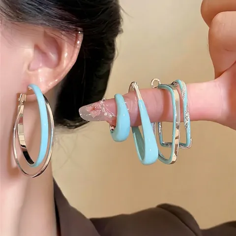 Boucles d'Oreilles Créoles en Cuivre Email Bleu Tiffany Avec Tige en Argent Sterling 925 Luxe Léger Boucles d'Oreilles Géométriques Losange Torsadées Cadeau Femme