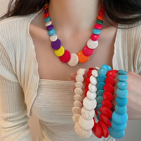 Dopamine Colorful Beaded Round Necklace Fashion Stone Beads Choker For Women Luxury Design Minimalist Jewelry Gift