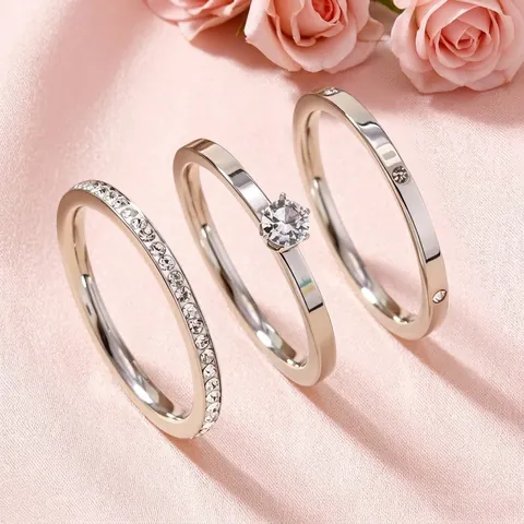 3Pcs Stainless Steel Zirconia Ring Set For Women Light Luxury Korean Style Micro-set Rhinestone Engagement Finger Jewelry