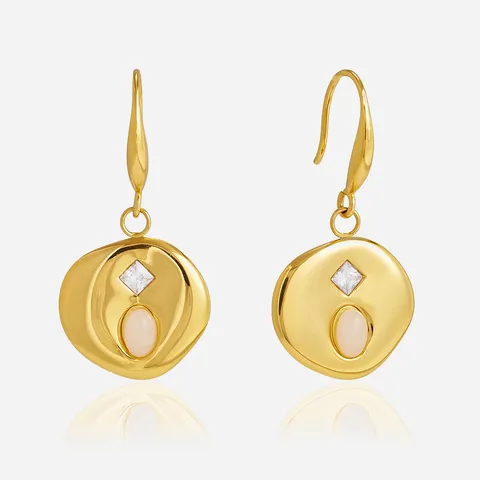 Vintage Roestvrijstalen Hangende Oorbellen Met Natuursteen Vierkante Zirconia Onregelmatig Gehamerd Metaal Vergulde Oorbellen Dames Sieraden